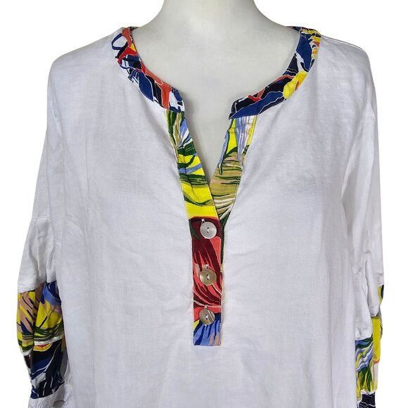 John Mark White Popover Linen Tunic 1X V-neck Blouson Sleeve Tropical Floral - Picture 3 of 12